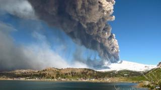 View of the Copahue volcano spewing ash
