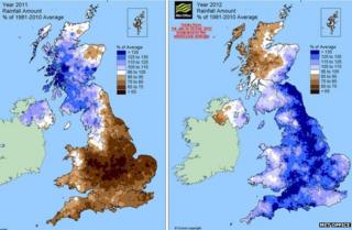 Maps comparing rainfall in 2011 and 2012