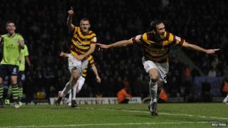 Bradford City"s Rory McArdle celebrates after scoring against Aston Villa