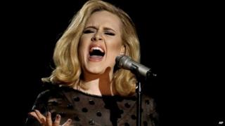 Adele singing into a microphone
