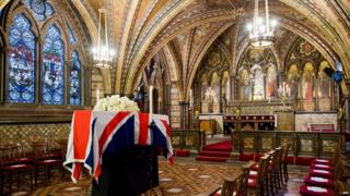 The coffin of British former prime minister Margaret Thatcher rests in the Crypt Chapel of St Mary Undercroft beneath the Houses of Parliament.