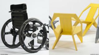 A folding wheelchair next to a yellow wooden chair.