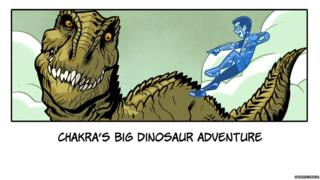 Chakra laughs at a big dinosaur