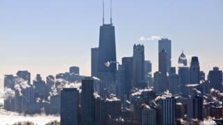 Steam coming from high rise buildings and skyscrapers in Chicago
