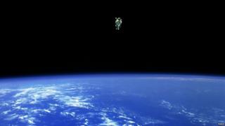 Mission Specialist Bruce McCandless ‘free flying’ 320 feet away from the Orbiter.