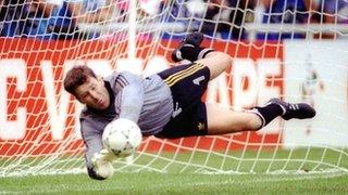 Pat Bonner saves in the penalty shoot-out for Republic of Ireland against Romania