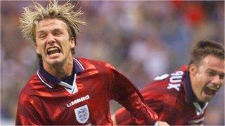 David Beckham celebrates after scoring for England against Colombia