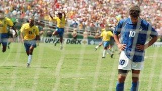 Italy's Roberto Baggio misses the decisive penalty against Brazil in 1994