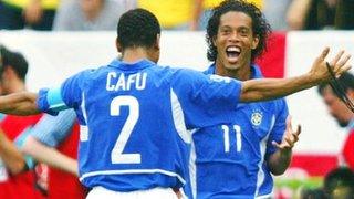 Ronaldinho celebrates after scoring for Brazil against England