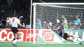 England's Chris Waddle misses his penalty against West Germany