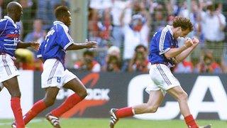 France's Laurent Blanc celebrates after scoring the first ever World Cup golden goal against Paraguay