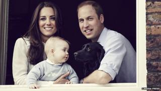 Prince William, the Duchess of Cambridge, Prince George and their dog Lupo
