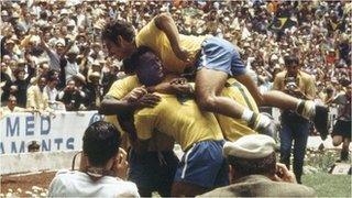 Brazil celebrate their fourth goal against Italy in the 1970 World Cup final