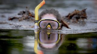 Female bog snorkeler swims with her mask and snorkel above the water.