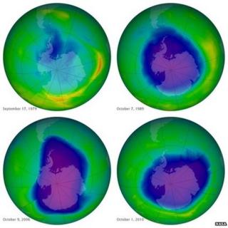 This undated image provided by NASA shows the ozone layer over the years, Sept. 17, 1979, top left, Oct. 7, 1989, top right, Oct. 9, 2006, lower left, and Oct. 1, 2010, lower right