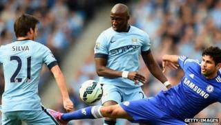 Defender Eliaquim Mangala, centre, made his first Premier League start for Manchester City since joining in the summer