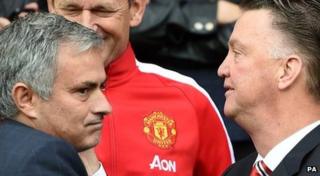 Chelsea's Jose Mourinho greets Manchester United's Louis van Gaal