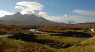 Cuillin Hills mountain range, with Sligachan River on the Isle of Skye in Scotland