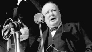 Winston Churchill giving a speech in 1945