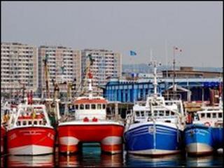 A flotilla of French fishing boats blockade the Channel port of Boulogne-sur-Mer