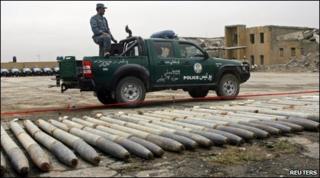 Rockets put on display for the media by the police in Kabul May 22, 2010