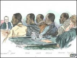 A courtroom sketch of the five suspected Somali pirates attending a hearing in a Rotterdam court on 18 May 2010.