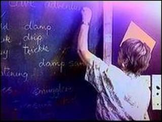 Teacher writing on blackboard