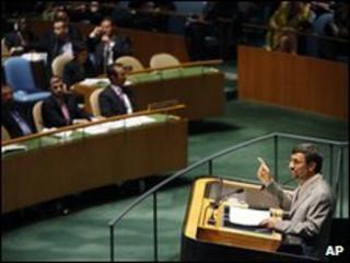 Iranian President Mahmoud Ahmadinejad at the NPT review conference on 3 May 2010