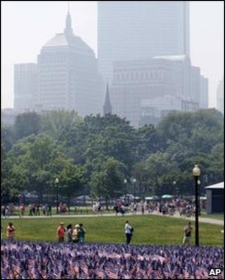 The smoke-clouded Boston skyline