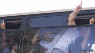 Freed pro-Palestinian activists arrive by coach at Ben Gurion airport to be deported, 2 June
