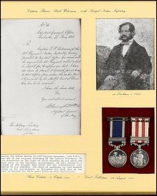 Capt Waterman's medals and a note explaining how he overslept through the Indian Mutiny