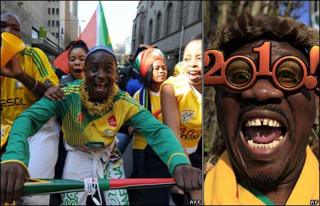 ANC revellers in Johannesburg (left, AFP), a Bafana Bafana fan in 2010 glasses (right, AP)
