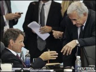 US Treasury Secretary Timothy Geithner (left) with IMF managing director Dominique Strauss-Kahn in Busan, 5 June 2010