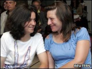 Teresa Pires (left) and her partner Helena Paixao at the registry office in Lisbon on 7/6/2010