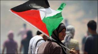 Palestinian and foreign peace activists attend a demonstration in the Israeli-occupied West Bank