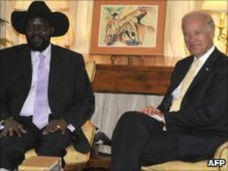 US Vice President Joe Biden (R) meets with Southern Sudan President Salva Kiir on June 9, 2010 at the US ambassador's residence in Nairobi
