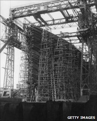 Scaffolding around the Titanic at Harland and Wolff