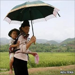 Woman and baby with rice field