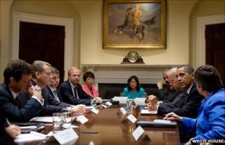 BP bosses including chief executive Tony Hayward (L) at the White House meeting Preisdent Obama (2nd R)