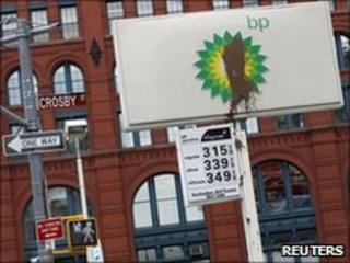 A substance is seen smeared on the sign of a BP petrol station in New York