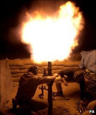 British army mortar team from 42 Commando Royal Marines fire mortars in Garmsir, Helmand province