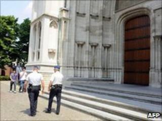 Belgian police outside St Rumbold's Cathedral in Mechelen