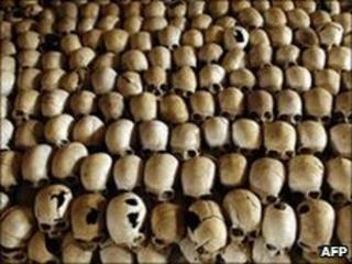 Skulls of victims at the Genocide Memorial Site church of Ntarama, Rwanda