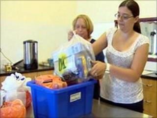 Food parcel being packed at North Coast Church, Towyn, Conwy