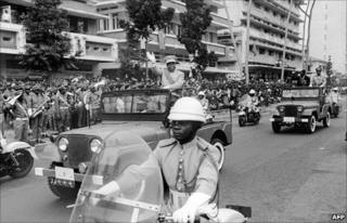 Joseph Kasavubu, first president DR Congo waves to the crowd, on 30 June 1960 during the celebrations of the 5th anniversary of independence in 1965 – the year he was ousted