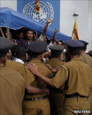 Protesters outside the UN office in Colombo on July 6, 2010