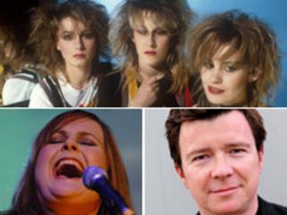 Clockwise from top - Bananarama in the 1980s; Rick Astley and Alison Moyet