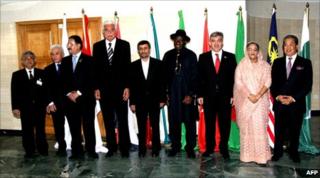 Mahmoud Ahmadinejad (fifth from left) stands next to fellow D8 leaders in Abuja (8 July 2010)
