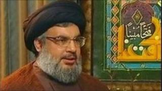 Hassan Nasrallah appearing on al-Manar TV, file pic