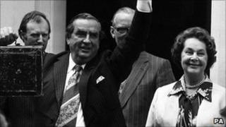 Lord Healey with his wife outside 11 Downing Street on the day of the 1978 Budget